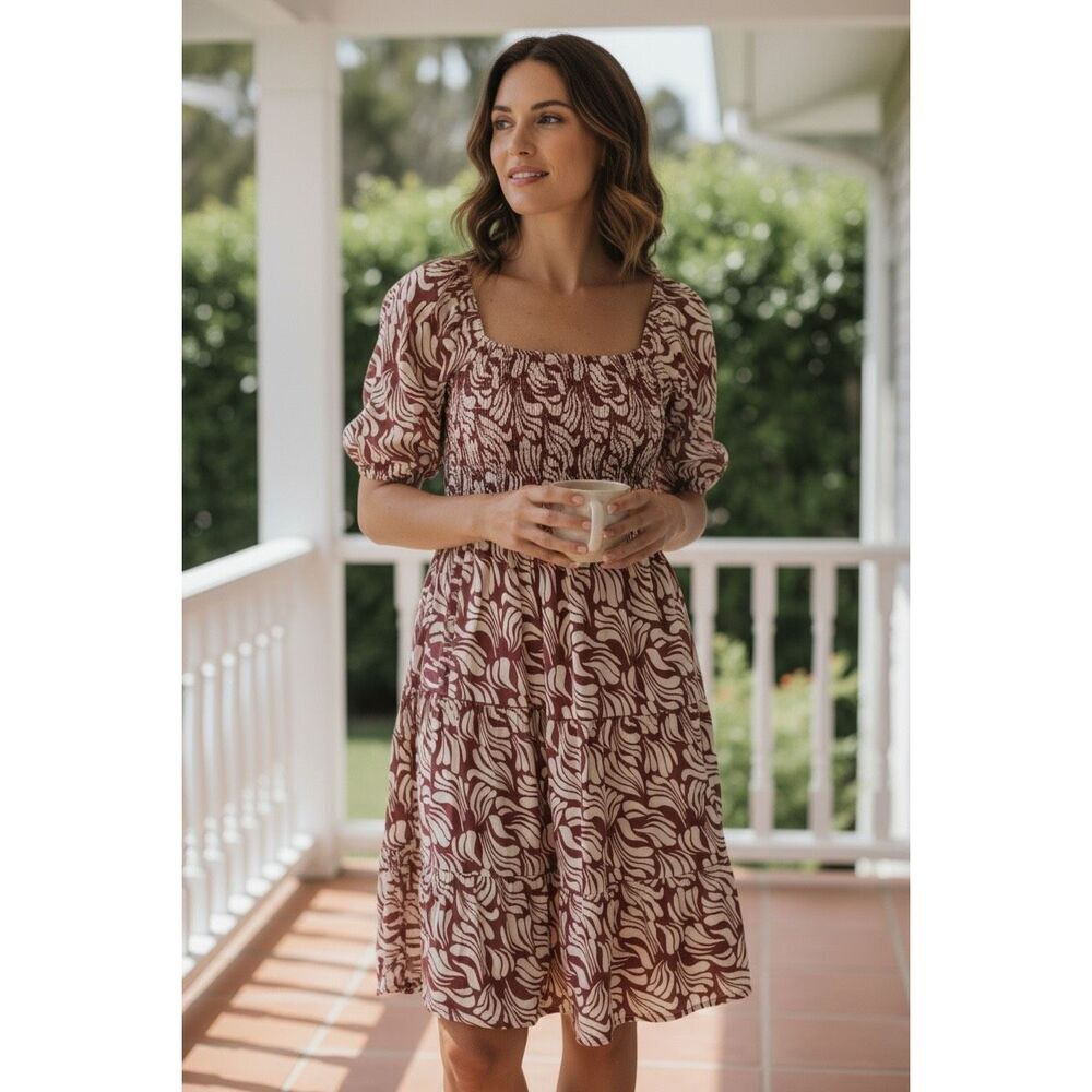 Meadow Rhodes Smocked Tiered Midi Dress PXL Burgundy Cream Puff Sleeve NWT